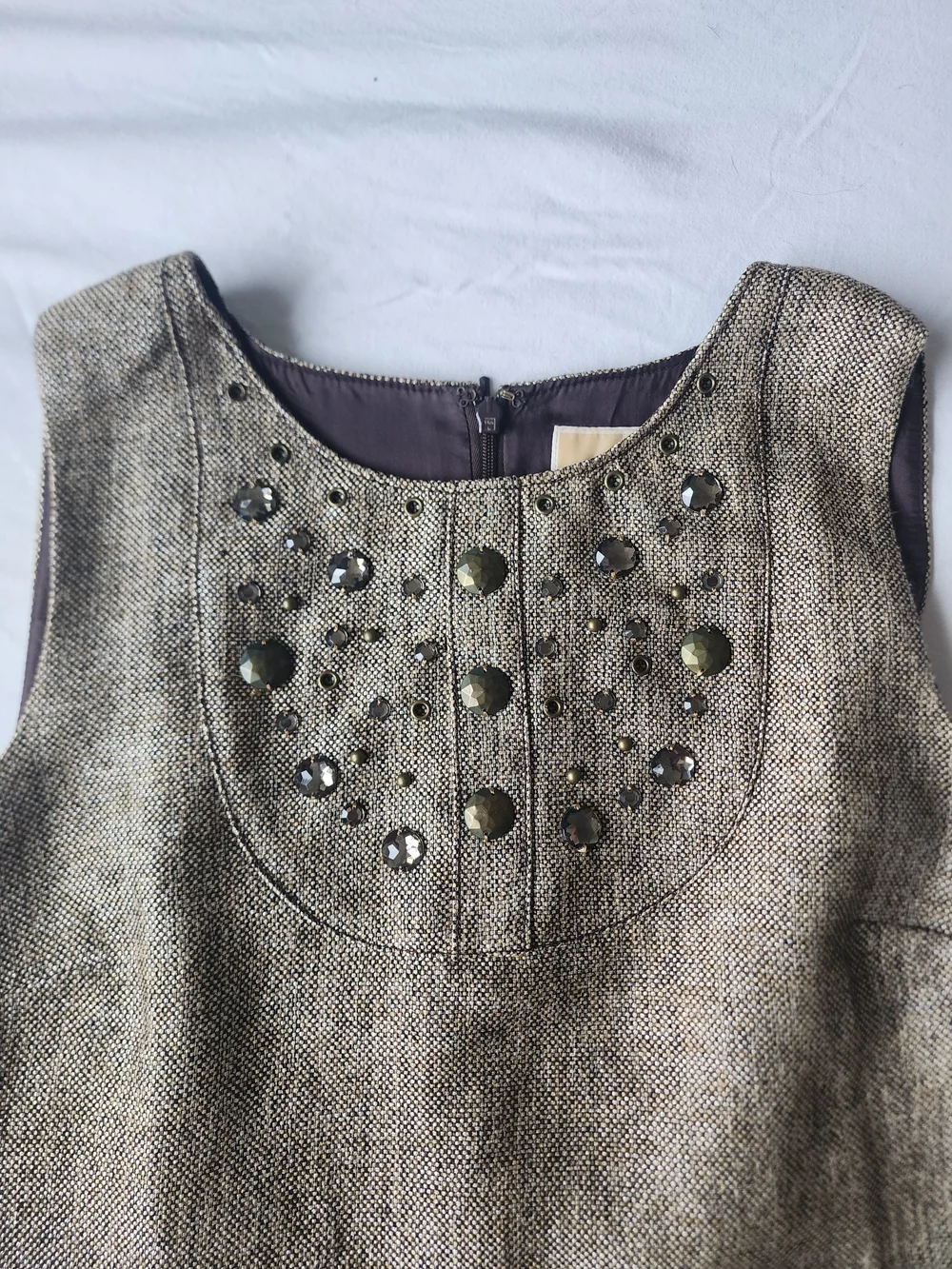 Michael Kors Sleeveless Brown Tweed Beaded Midi Dress
